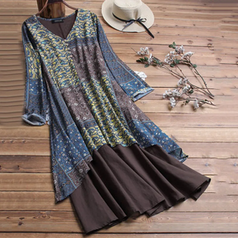 Женское хлопковое льняное Макси платье с длинным рукавом повседневное Boho кафтан