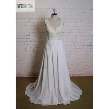 SUPER PROMO ❤️ Vestido de boda de gasa con corte en A, de encaje de color marfil, cuello en V, longitud hasta el suelo, capó de capilla con mangas, fotos reales/originales hechas a medida - discount item 21% OFF Bodas y eventos