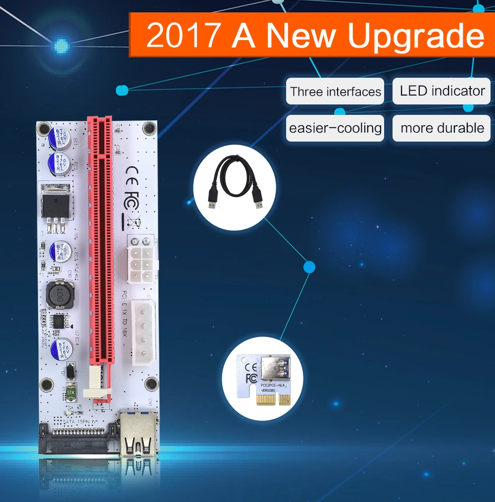 10 шт. VER008S Molex 4Pin SATA 6PIN PCIE PCI-E PCI Express адаптер 1X для 16X USB3.0 удлинитель для головок Майнинг Биткойн Майнер