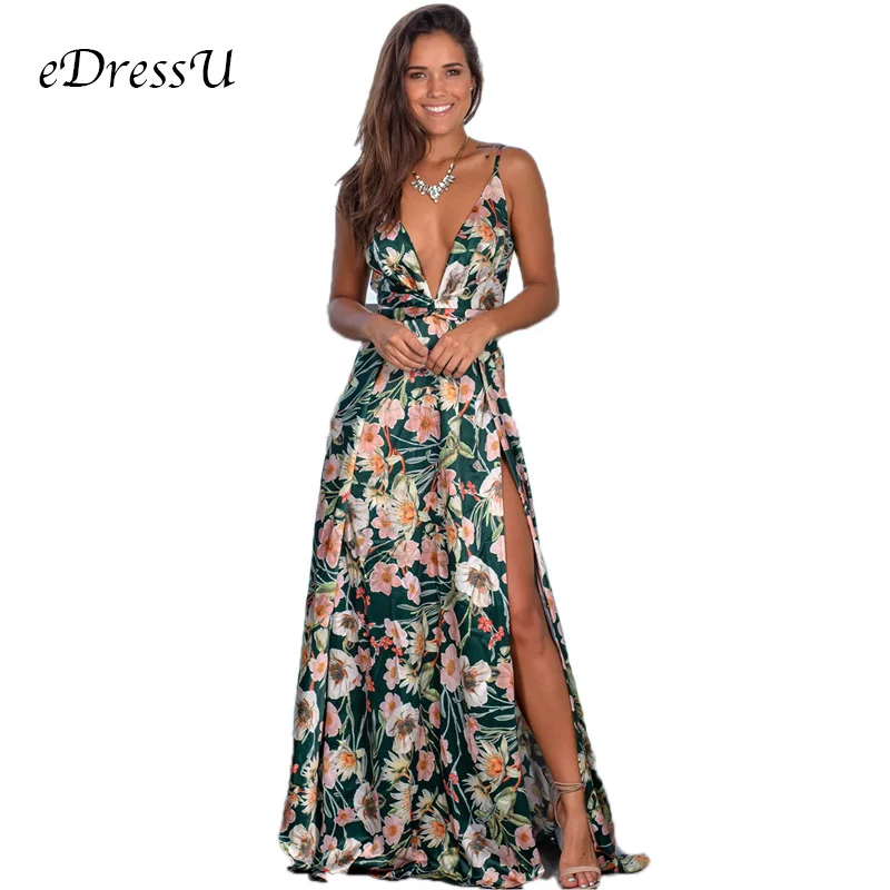 Women Maxi Dress High Slit Sleeveless V 