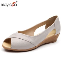 

MAYLOSA Genuine Leather Plus size 35-42 Small Wedge Peep toe Summer Women sandals Open toe Cone heels Casual Flats