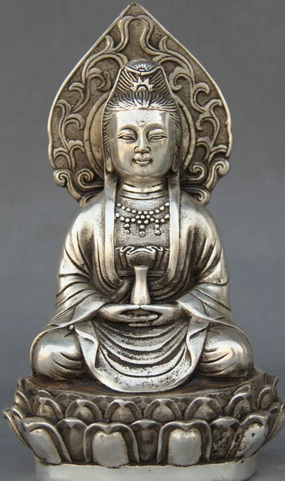 

decoration bronze factory outlets Tibet Silver Chinese Buddhism Silver GuanYin Kwan-Yin Goddess Seat Lotus Statue Sculpture