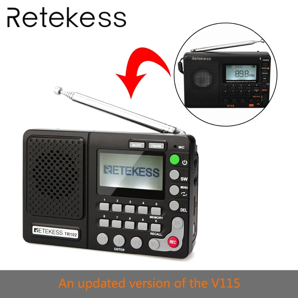 Retekess TR102 портативное радио FM/AM/SW приемник мирового диапазона MP3-плеер REC рекордер с таймером сна черный fm-радио рекордер