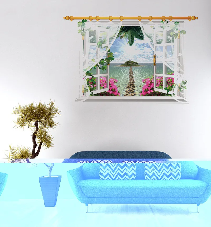

90x60cm 3D Landscape Printed Window View Removable Wall Stickers Art Vinyl Decal Window Home Decor Mural Wallpaper