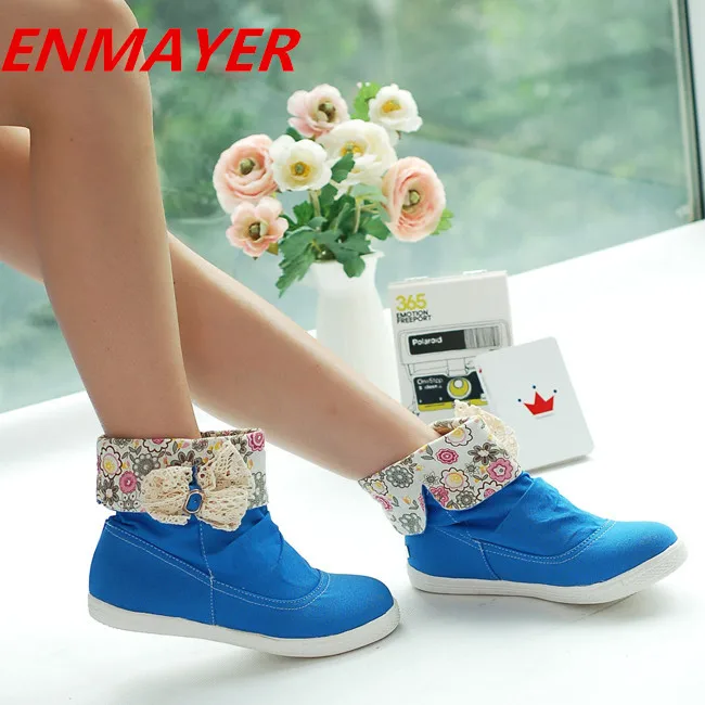 

Size 34-39 Fashion Women Martin Boots Canvas Round Toe Flats Bow Ankle Boots Platform Winter Shoes Snow Boots
