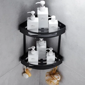 

Black bathroom shelf Hotel 304 stainless steel double-layer triangular basket single-layer bathroom storage rack