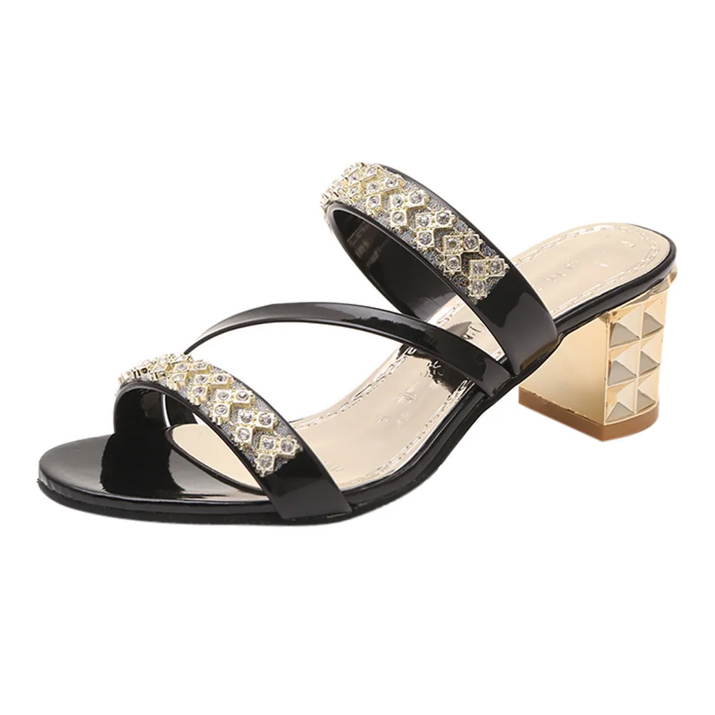 

Women's Ladies Summer Crystal Square Heel Beach Sandals Roman Shoes Casual Ladies Slip On Woman Candy Color Peep Toe Beach #89