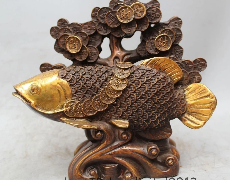 

8"Chinese Folk Pure Bronze Gild excellent Lucky Lifelike Money Tree cyprinoid