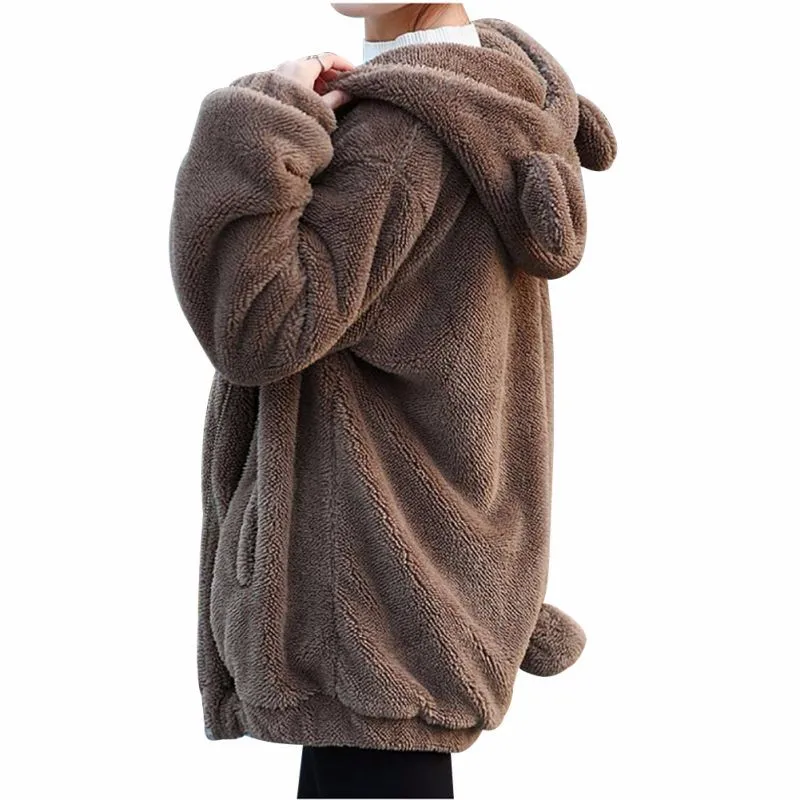 EFINNY/женские толстовки на молнии для девочек; зимняя свободная пушистая толстовка с капюшоном с медвежьими ушками; куртка с капюшоном; теплая верхняя одежда; пальто; теплая коричневая Толстовка