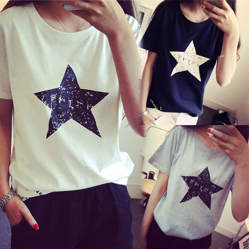 

Summer Short sleeve Necks Fashion Round neck Casual Women t shirt Pentagram Candy Star