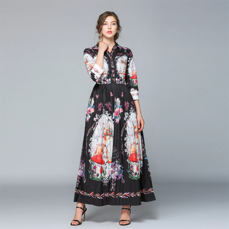 HAMALIEL Vintage Pleated Long Women Dress Summer Print Flowers Turn Down Collar Maxi Dresses Elegant Hit Color Casual Vestidos