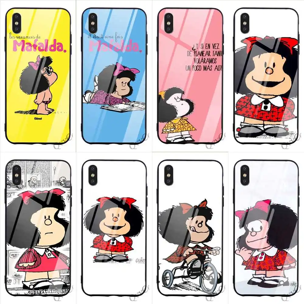 

Pattern Mafalda Tempered Glass Phone Case for iPhone 6S Cover 8 XR X 7 Plus 6 5 5S SE Xs Max Soft
