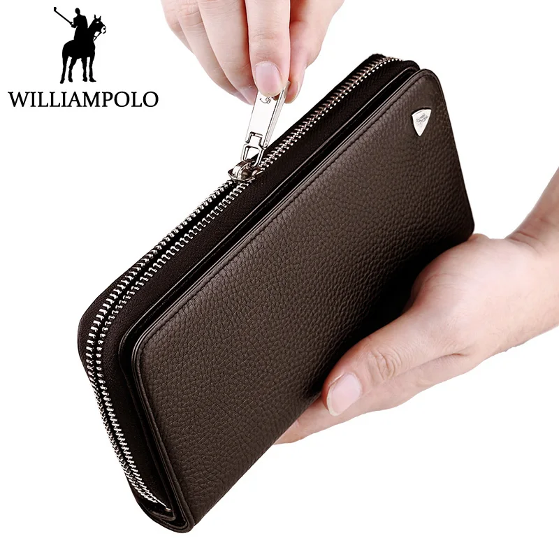 

WilliamPOLO leather Wallet Men Genuine Clutch Wallet long Fashion Brand Clutches Purse For Male Handy Strap Zipper Design Brown