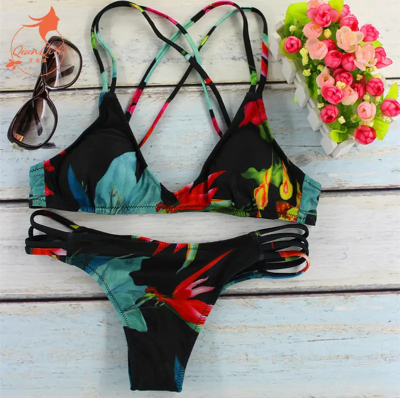 

2017 Summer styles Brazilian Hollow padded thong print cross push up bikinis set women beach swimwear swimsuit bathing suit
