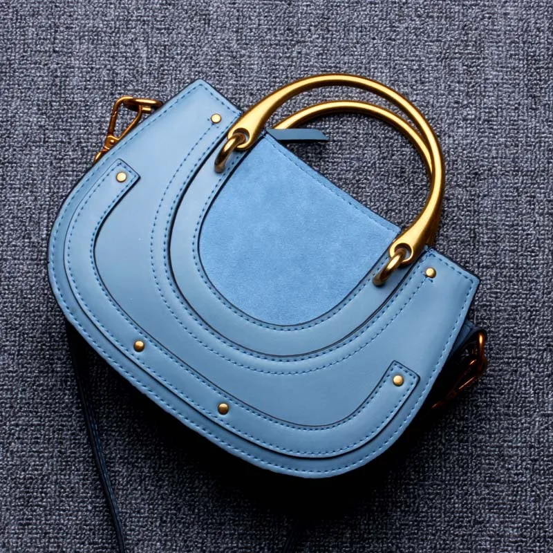 Модный бренд натуральная кожа женская седельная сумка дизайнерская настоящая кожаная сумка на плечо женская сумка с металлической ручкой сумка через плечо - Цвет: Blue