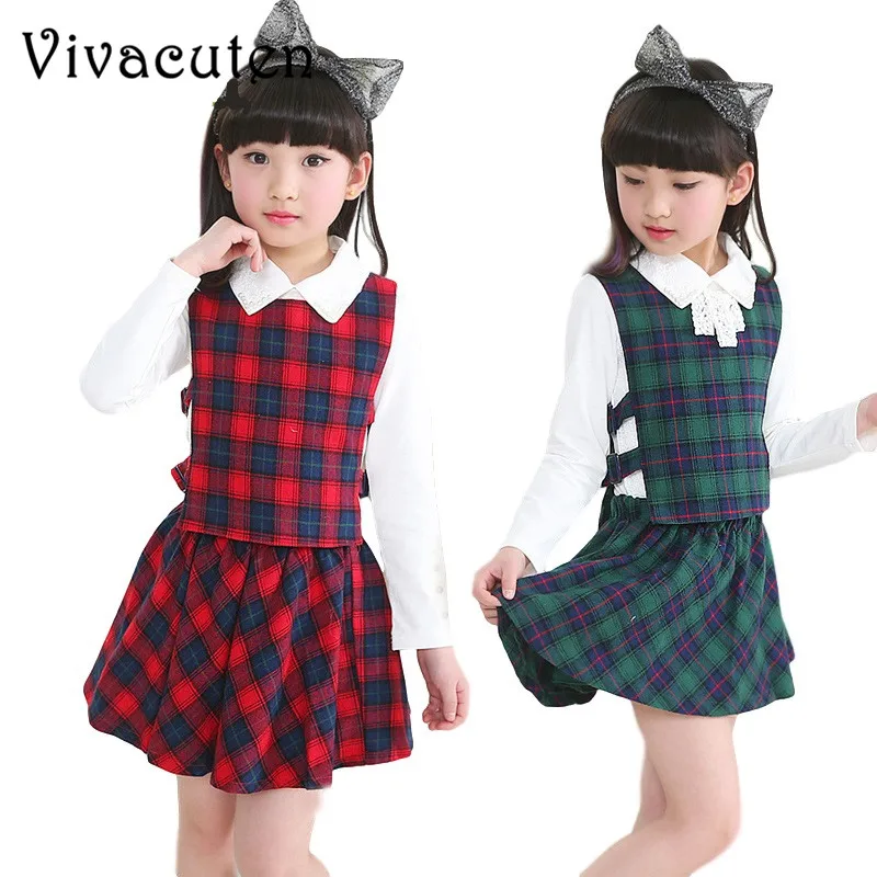 

Spring Girls Dress Sets Children Turn-down Collar Plaid Dresses Kids Baby Shirt Vest Skirt 3PCS Sets Student Casual Clothes H077