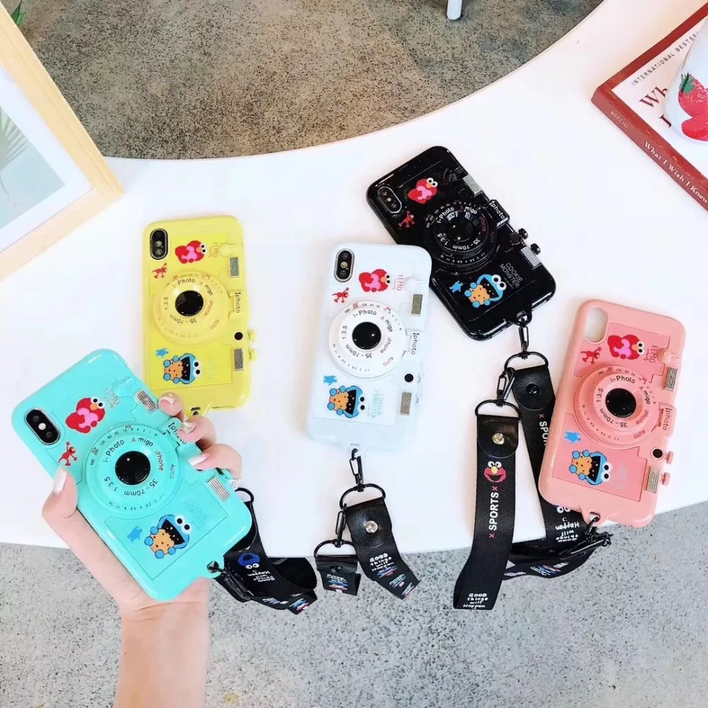 

Fashion Casual Cute Sesame Street mirror Pink 3D Camera Stand+Lanyard cover case for iphone 6 7 8 plus X XR XS MAX phone cases