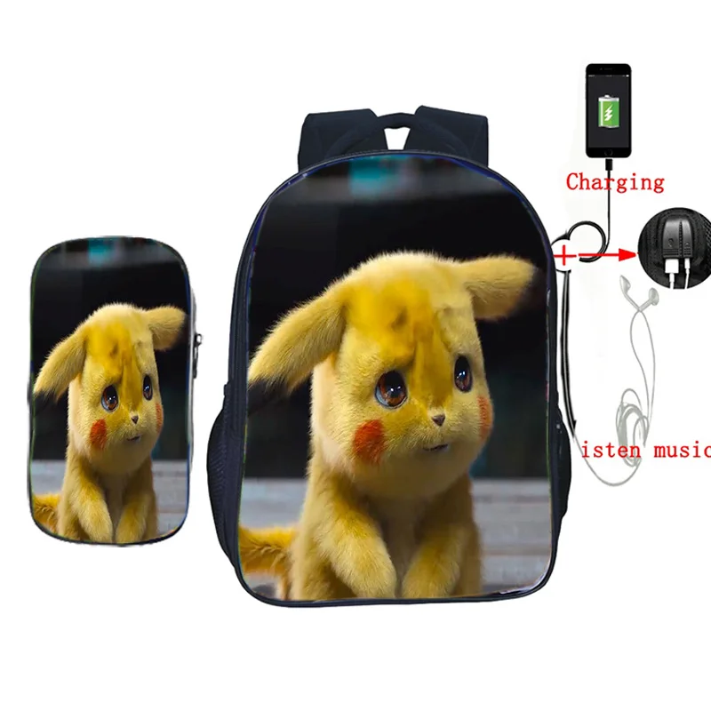 Рюкзак Pokemon Detective Pikachu с USB зарядкой, школьные рюкзаки для подростков, мальчиков и девочек, Mochila, детский дорожный рюкзак с пеналом