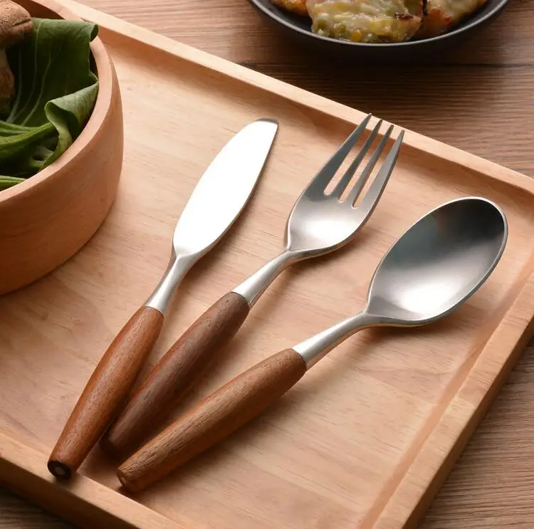 

FRM Wood Silver Japanese style Matte stainless steel cutlery fork knife scoop set dessert fork knife scoop set