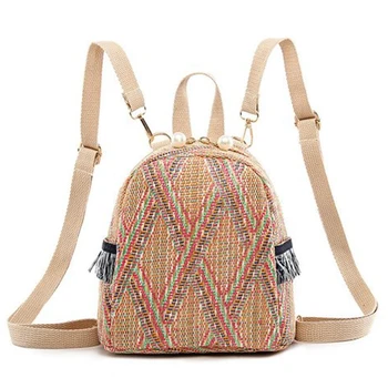 

LJL-Small Travel Backpacks Women Straw Woven Shoulder School Bags Casual Knapsack Knitting Rucksack Bag