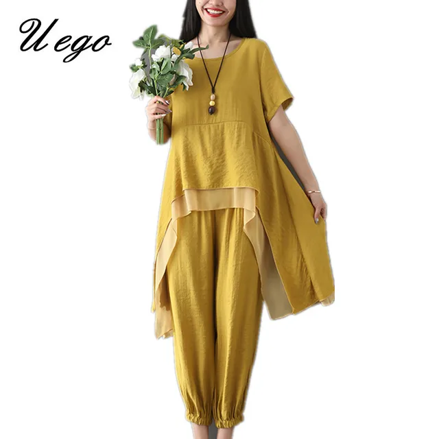 Uego Cotton Linen Women Sets Loose Tops+Pants Two Piece Sets Women