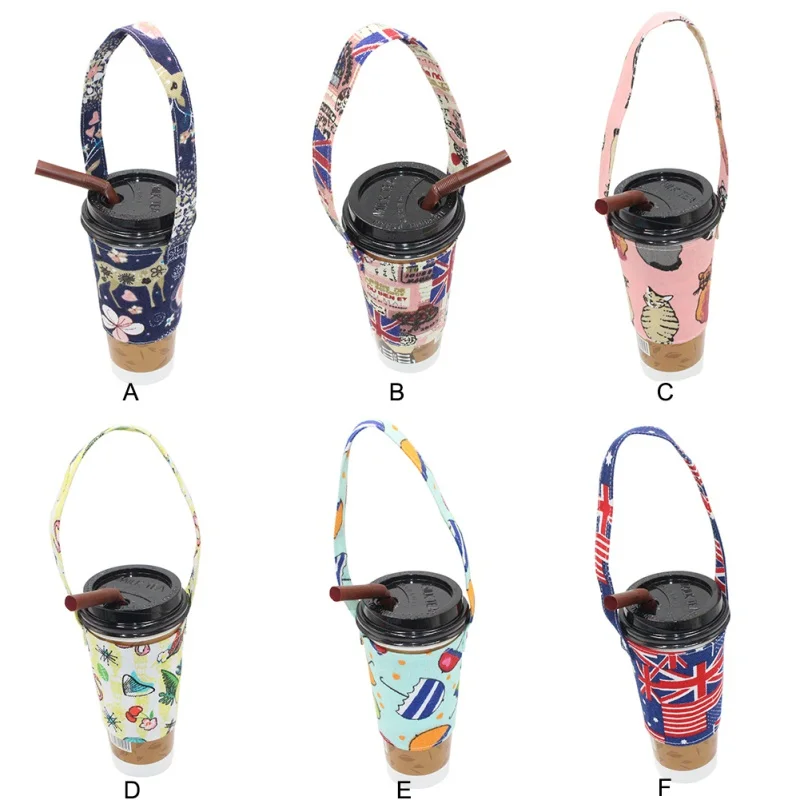 

Home Garden Drink Cup Hanging Tote Storage Organization Bags Baskets Milk Tea Coffee Green Cup Cover Cartoon Canvas Holder Tote