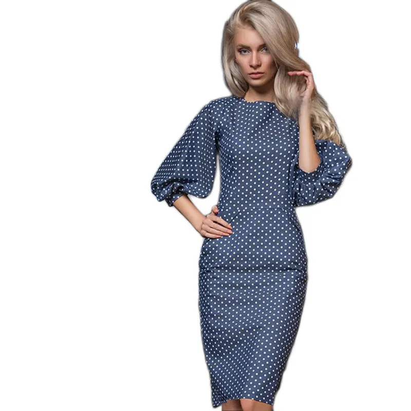 

Autumn Casual Women Polka Dots Print Dress Casual O-neck Lantern Sleeves Dress Elegant Bodycon Party Dress