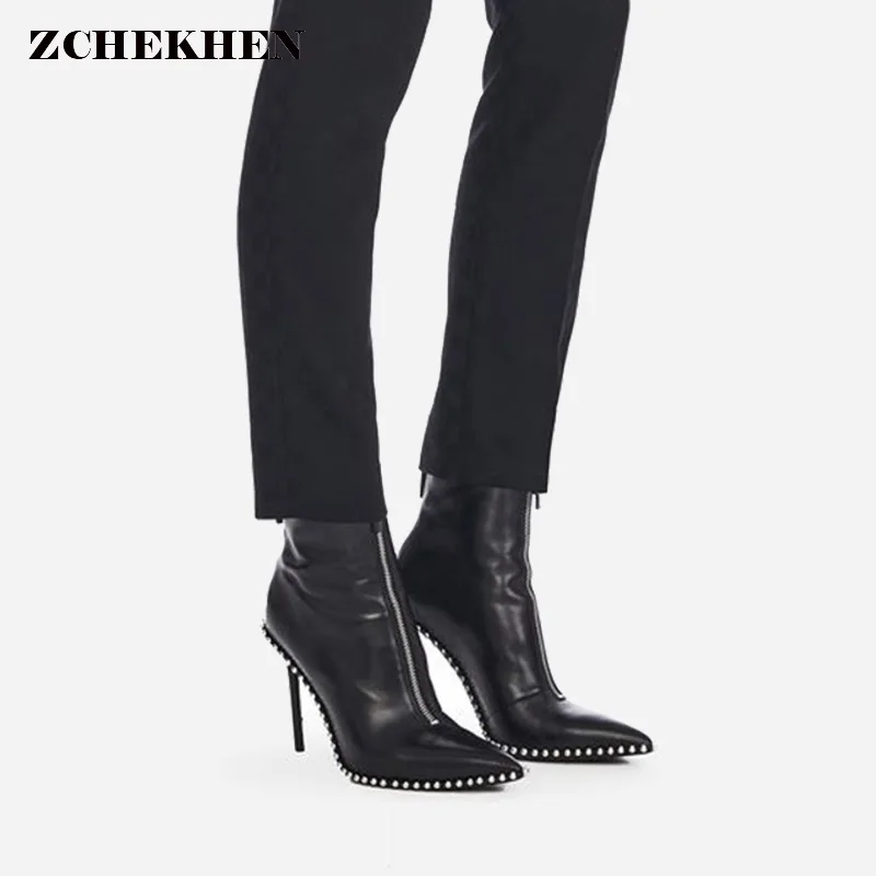 

Luxury Brand Design Rivet zipper boots elegant fashion thin High Heels Lady Ankle Boots Platform Gladiator high heels 8cm