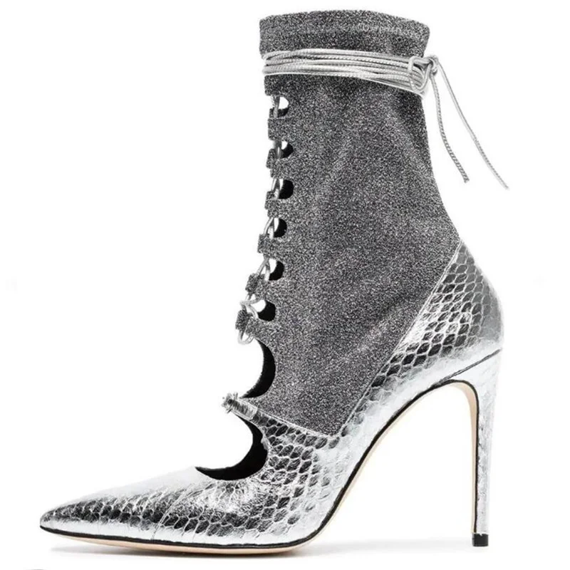 

Sliver snake print ankle boots for summer women pointed toe thin heels shoes women sock boots lace-up shoe women fashion boots