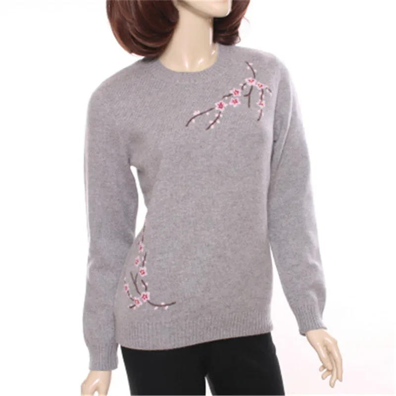  high grade 100%goat cashmere oneck thick knit women fashion jacquard pullover sweater grey 2color S