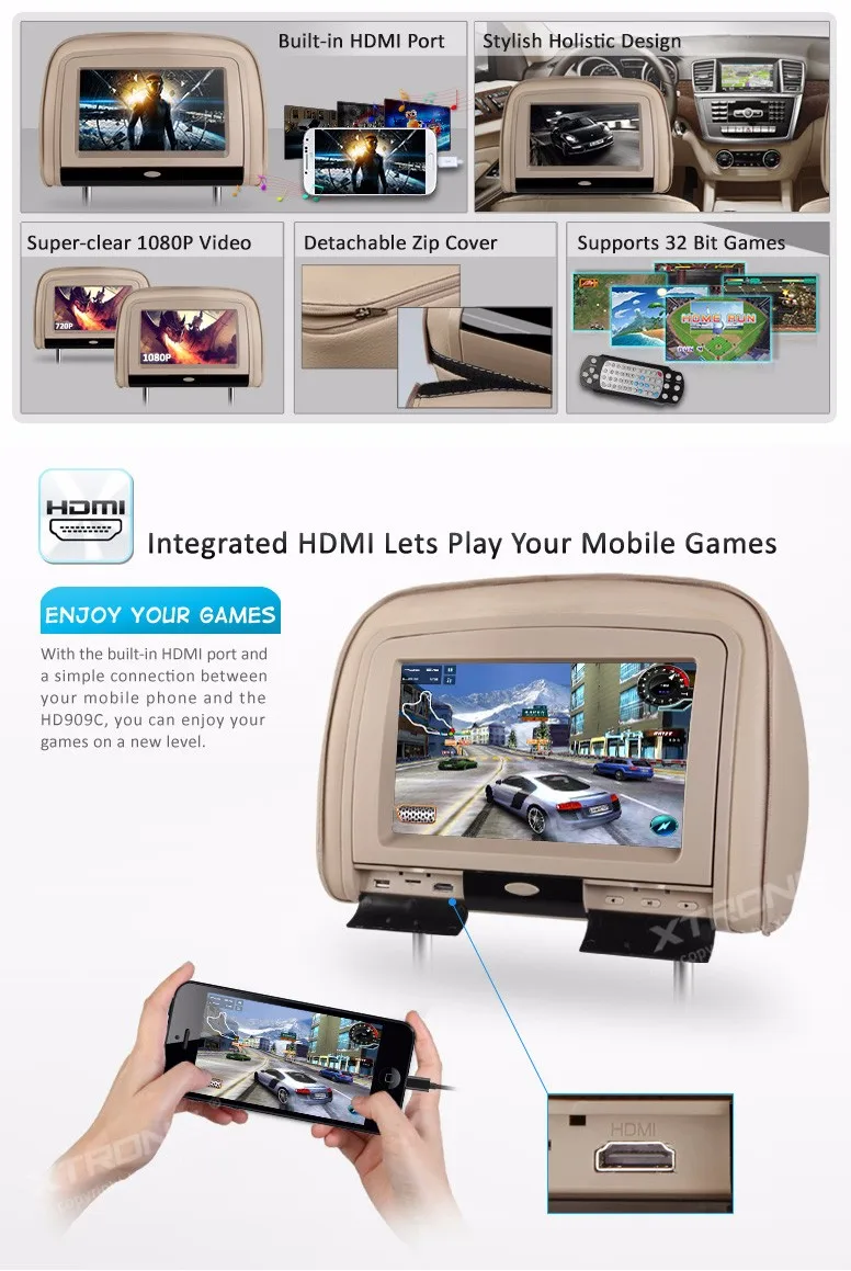 Perfect 2x9" HDMI Car Pillow DVD Monitor HD 1080P Headrest Video Detachable Zip Cover Support 32 Bits Game IR FM USB TF Backseat Audio 2