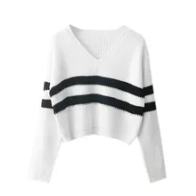 Autumn Women Striped Pullovers V-neck Long Sleeve Knitted Solid Sweatshirt #Y63