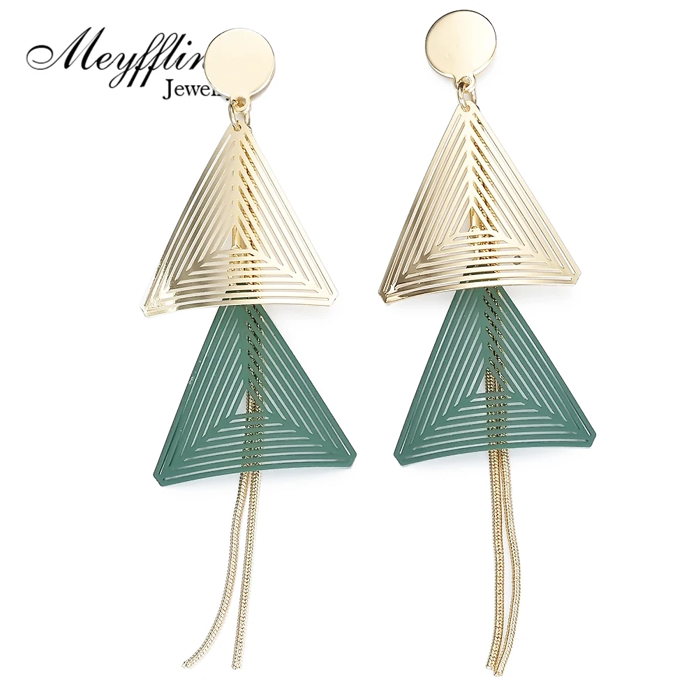 Meyfflin, Двойные треугольные геометрические Висячие серьги для женщин,, Золотая цепочка, длинные серьги-кисточки, модные Висячие массивные ювелирные изделия
