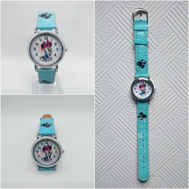 Модные кожаные детские часы с рисунком Minnie на циферблате для девочек Повседневные детские часы Mickey для мальчиков часы подарок на день