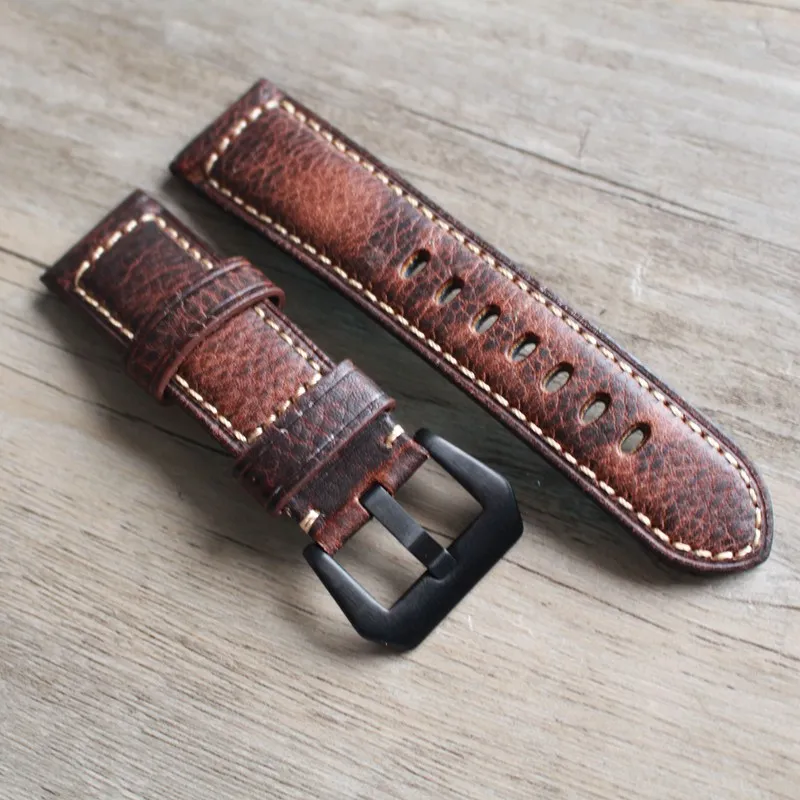 

Handmade Retro Brown Red Genuine Leather Watch Band Strap for P Watch 20mm 22mm 24mm 26mm With Silver Stainless steel Buckles