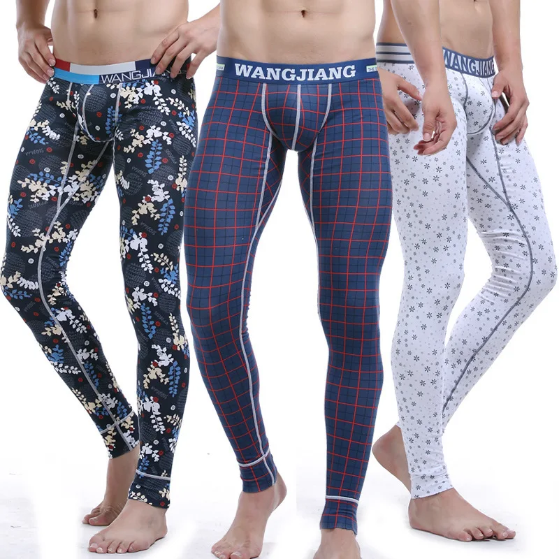 WJ Mens Warm Pants Slim Fit Folk Style Printing Thin Leggings Male Long Johns 5005CK