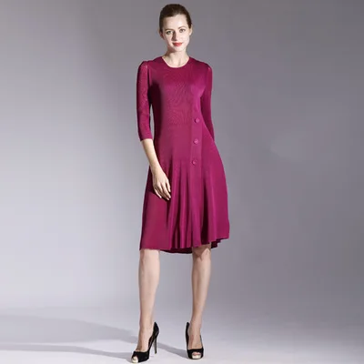 Фуксия Miyake складные складки украшены модным платьем с модными кружевными рукавами - Цвет: Фуксия