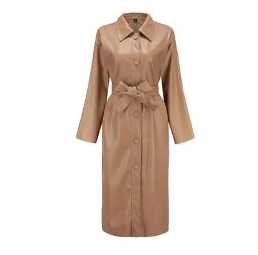 spring autumn Fashion new PU leather windbreaker slim temperament women belted trebch coat - Цвет: khaki