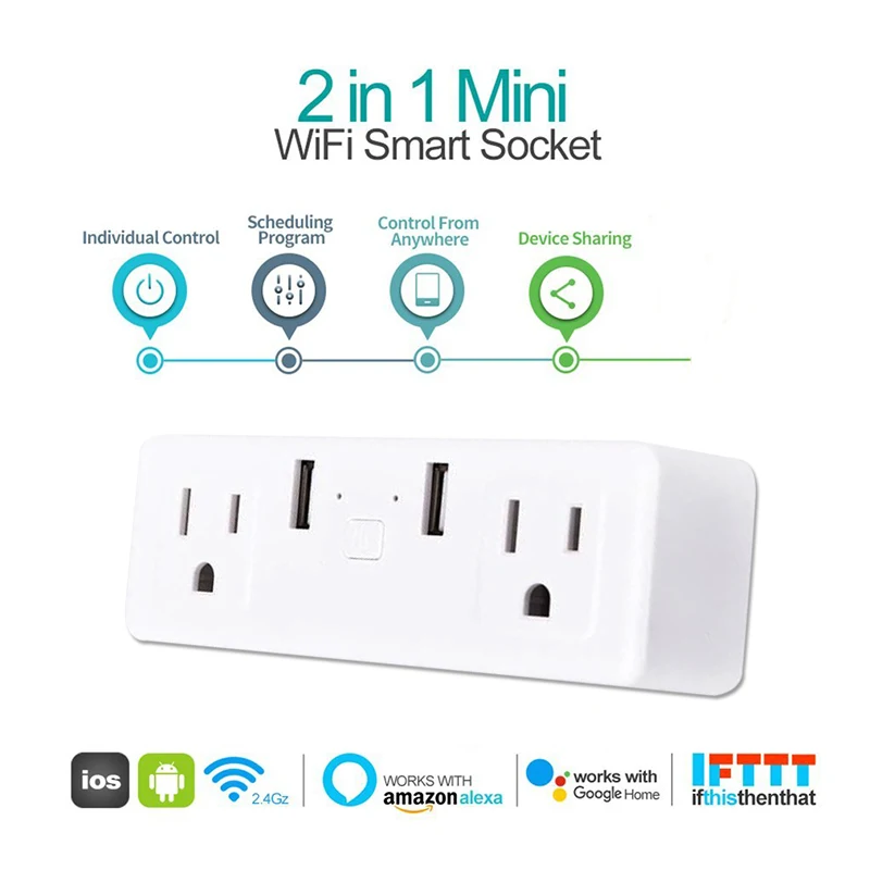 

1 pcs USB WiFi Plug APP Remote Control Timing Smart Socket US Pop Wall Socket Works With Alexa & Google Home & IFTTT