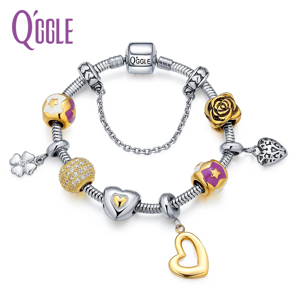 

QGGLE New Gold & Silver Color Bangle & Bracelets for W With Crystal Rose purple beads & Heart Flower Pendants