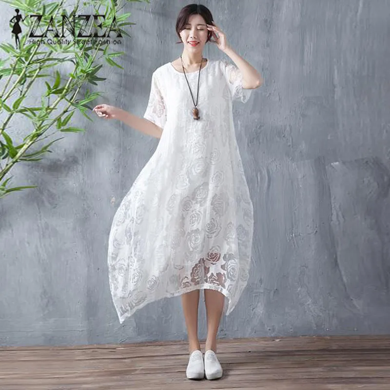 

New ZANZEA Summer Women O Neck Short Sleeve Lace Crochet Irregular Double Hem Elegant Party Loose Midi Dress Vestido Oversized