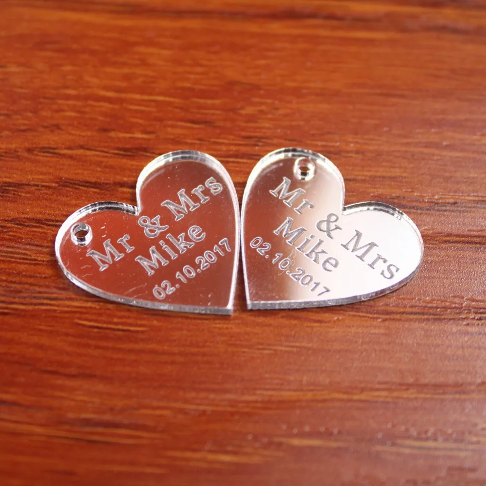 50pcs Personalized Engraved Name Card Mirror MR & MRS Surname Love Heart Wedding Table Decoration Favors Customized Size5