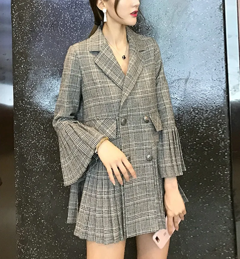 Модный клетчатый блейзер в клетку, женский двубортный плиссированный длинный костюм, повседневная осенняя куртка, пальто, верхняя одежда