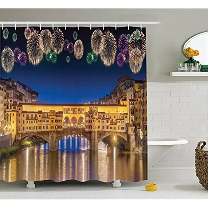 Vixm Landscape Shower Curtain Night Panoramic View Vecchio Bridge