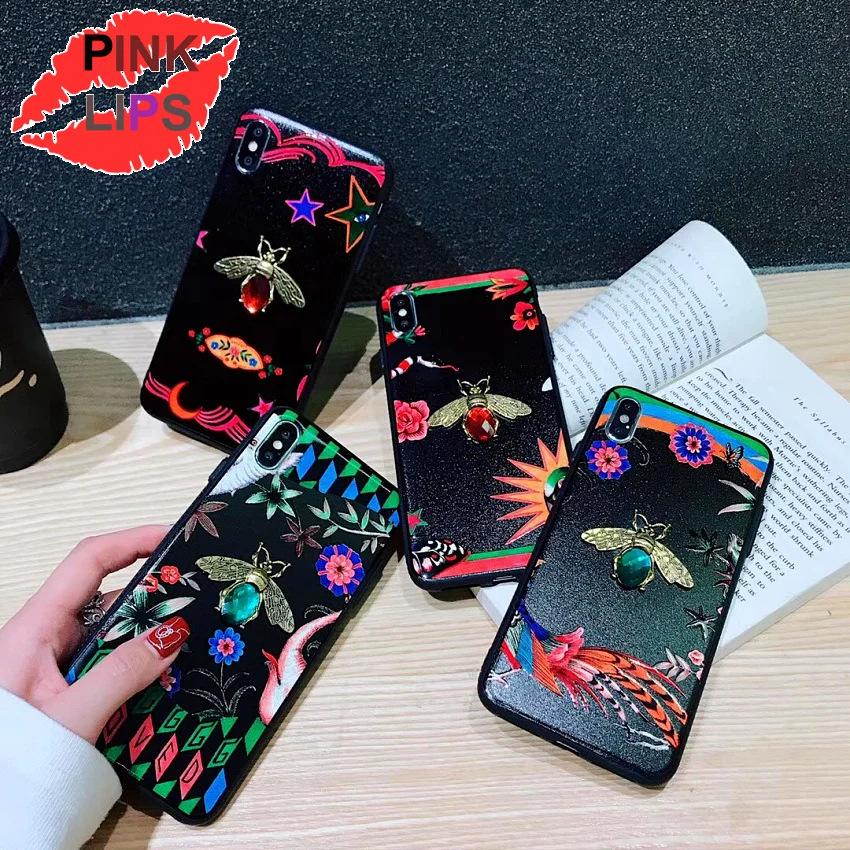 

PINK LIPS Fashion brand Phone Case For X XR XS MAX Luxury Bee butterfly floral Diamond Cases For iPhone 6 6s 7 8 Plus