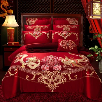 

New Luxury Gold Loong Phoenix Embroidery Wedding Bedding Set Red 100% Cotton Duvet Cover Bed sheet/Linen Bedspread Pillowcases