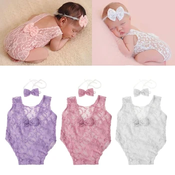

Baby Deep V Bare Back Bowknot Bodysuit Lace Newborn Photography Props Baby Photo Props Infant Photo shoot Girls