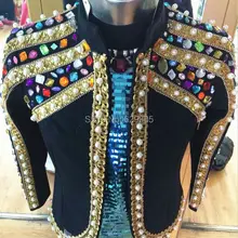 Плюс Размеры Индивидуальные Красочные камни из бисера куртка певец Блейзер бар этап одежда Пальто; костюм ручной работы для ночного клуба верхняя одежда