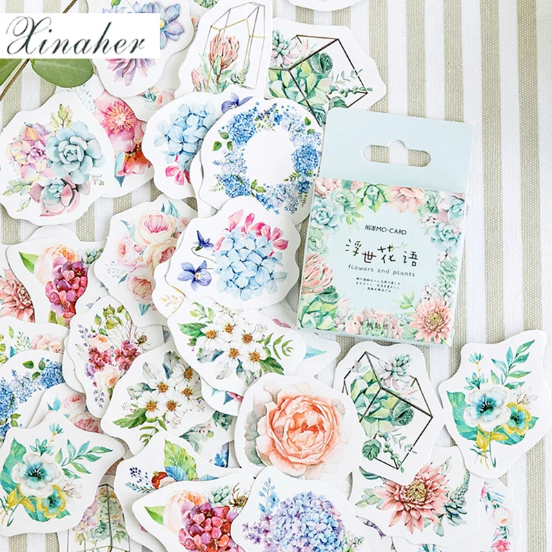 

XINAHER 45 Creative Flowers Decorative Diy Diary Stickers Kawaii Planner Scrapbooking Sticky Stationery