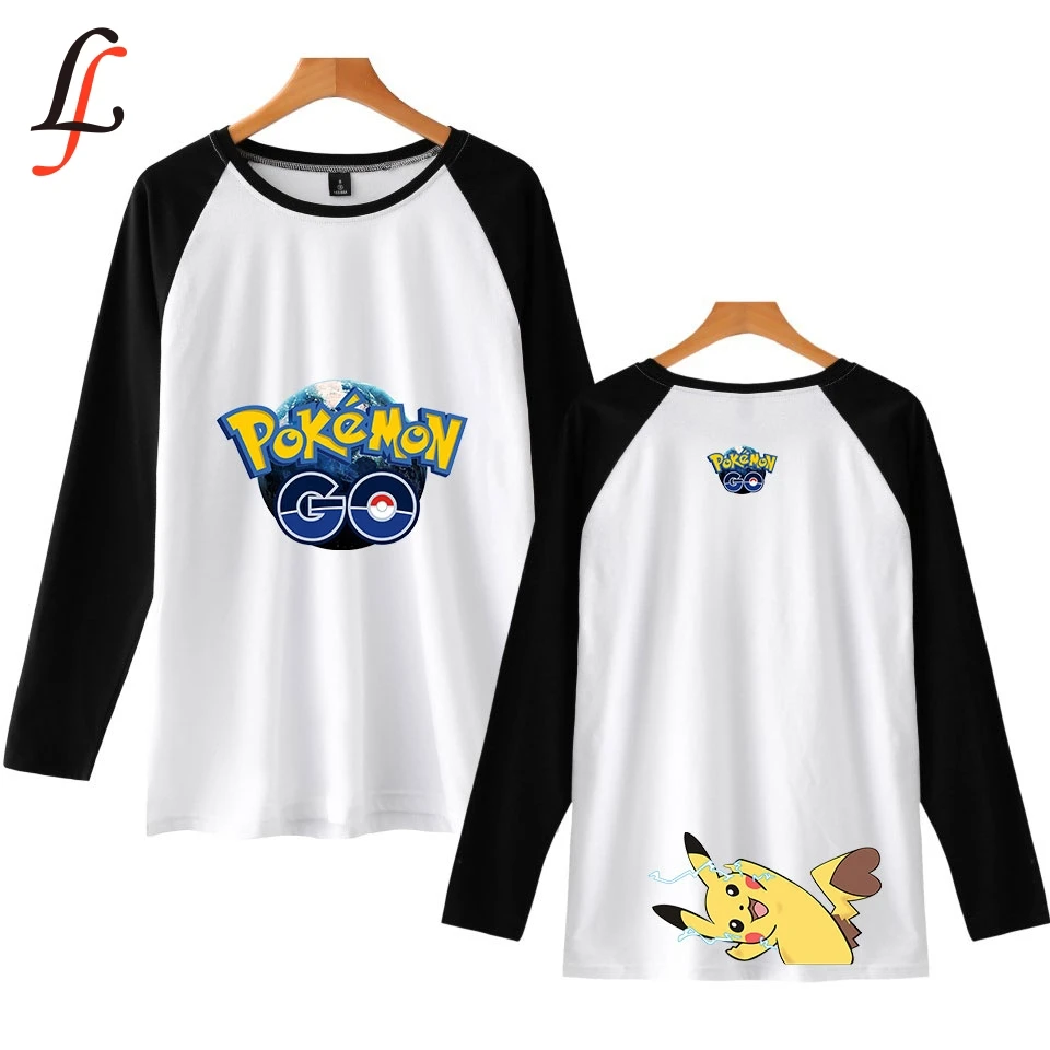 Pocket Monster Pikachu Spliced T shirt Men/Women Clothes Hot Harajuku Two-tone Stripped Long Sleeve T-shirts Kpop Tee Shirt | Женская